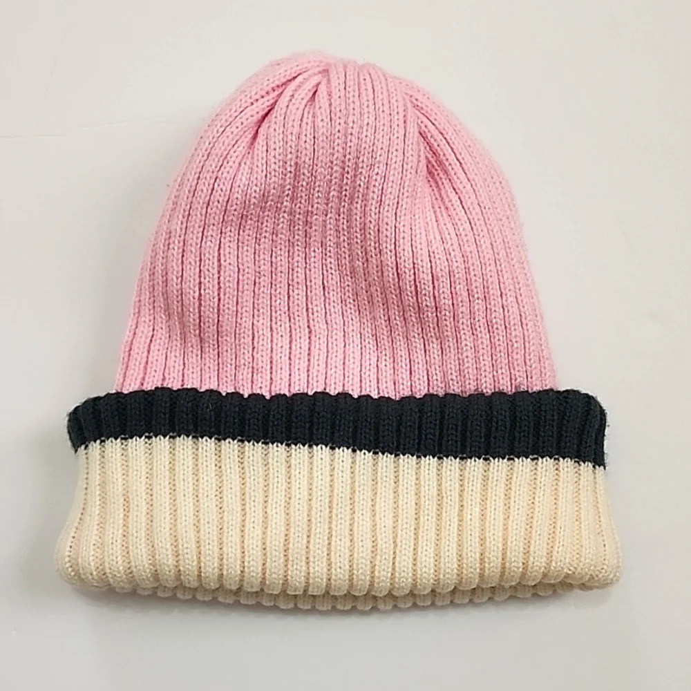 2-Tone Womens Pink & Cream & Grey Beanie Fold Hat